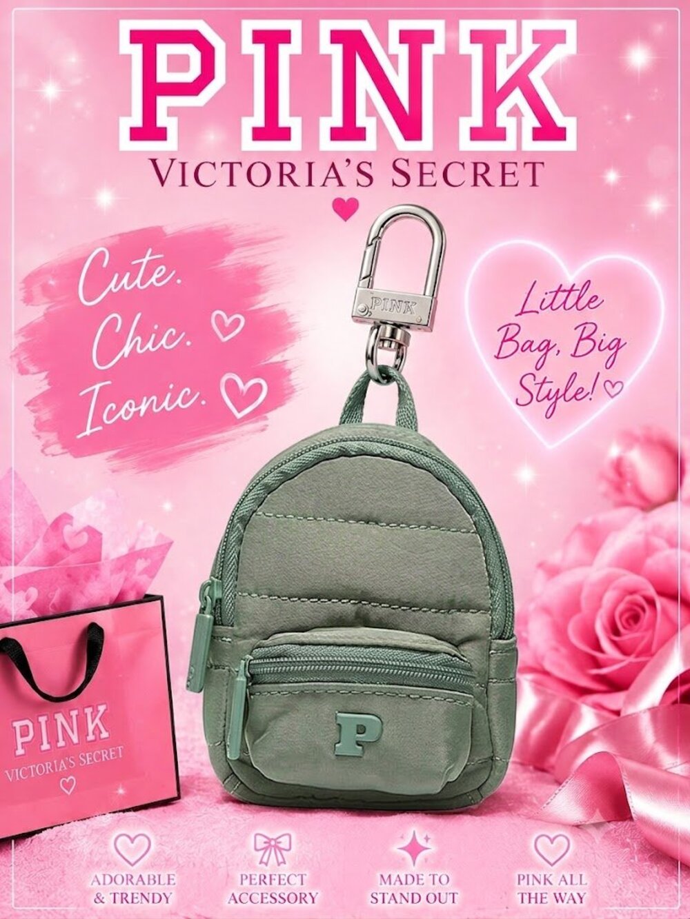 Victoria's Secret PINK Mini Backpack Keychain Charm Green NWT